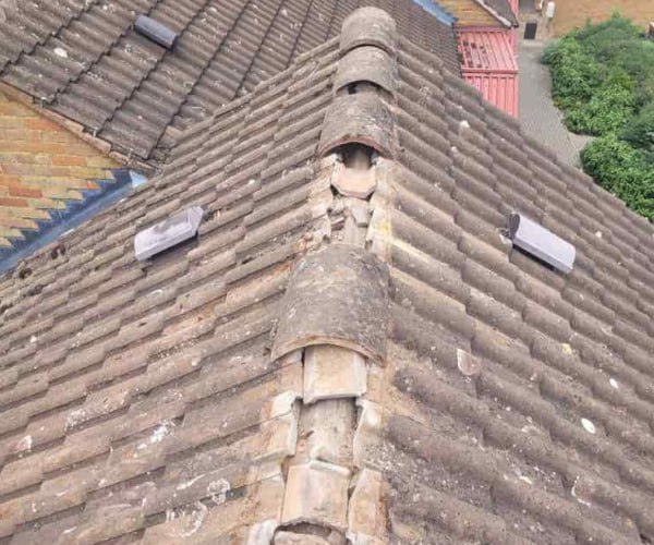 This is a photo if a roof ridge which has missing tiles. The ridge tiles are being replaced by WS Roofing South Elmsall